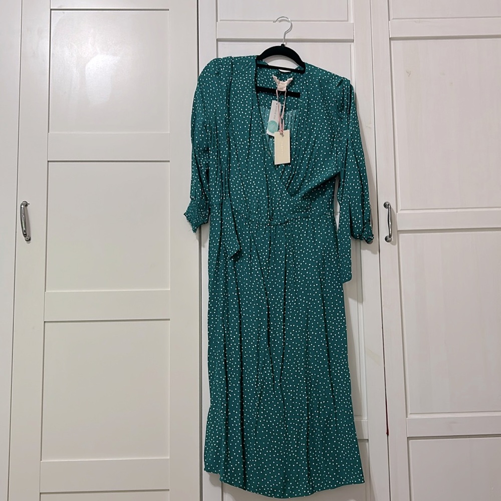 Gine Printed Wrap Midi Dress - Teal Green Polka Dots